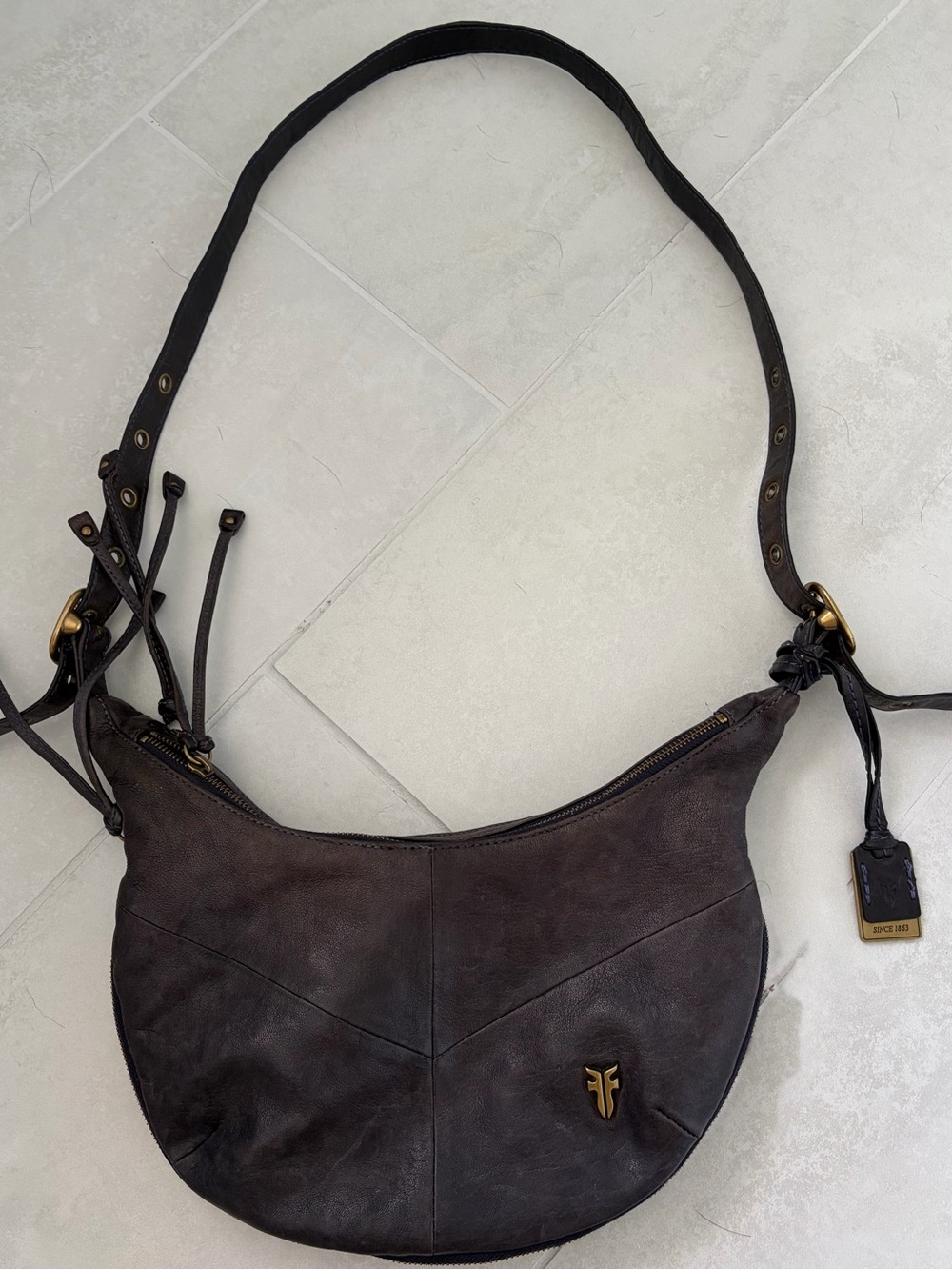 Frye Navy Soft Leather Hobo with Brass Accents